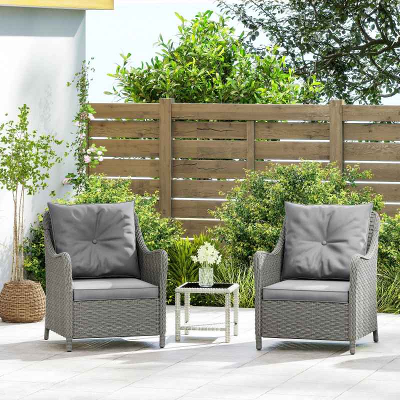 Outsunny Rattan Garden Chairs Set of 2, Outdoor Rattan Chairs with Cushions, Armrests and High Back, PE Wicker Garden Armchair with Steel Frame for Balcony, Porch, Dark Grey