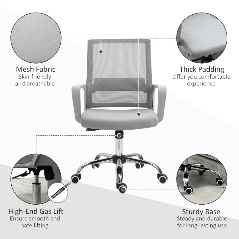 Vinsetto Office Chair, Ergonomic Desk Chair, Mesh Computer Chair with Back Support, Adjustable Height and Swivel Rolling Wheels, Grey