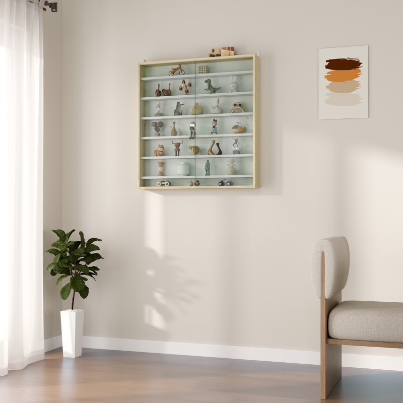 HOMCOM 7-Tier Wall Mounted Display Cabinet, Display Case with 6 Adjustable Shelves, Glass Doors for Home Office Ornaments 83x80cm, Oak