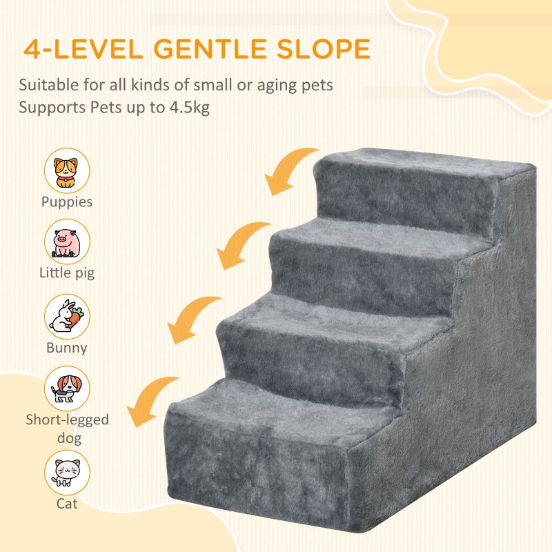 PawHut Dog Steps for Sofa, 4 Steps Dog Stairs, Pet Stairs, with Washable Plush Cover, for Small Breeds, Cats - Light Grey