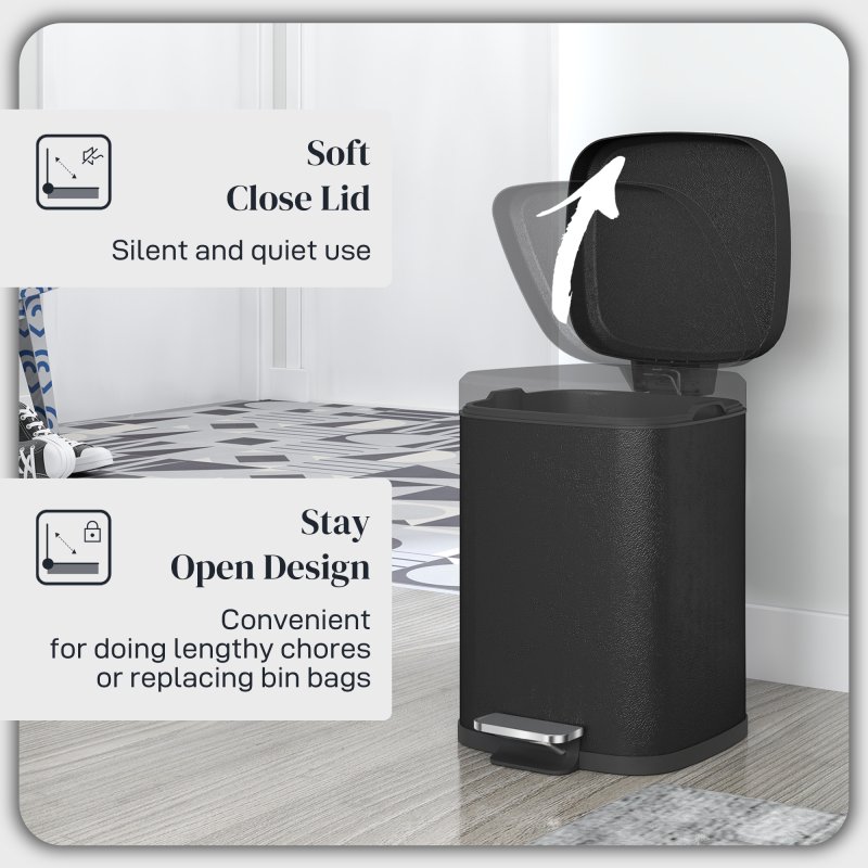 HOMCOM 12 Litre Pedal Bin, Fingerprint Proof Kitchen Rubbish Bin with Soft-close Lid, Foot Pedal and Removable Inner Bucket for Recycling and Waste