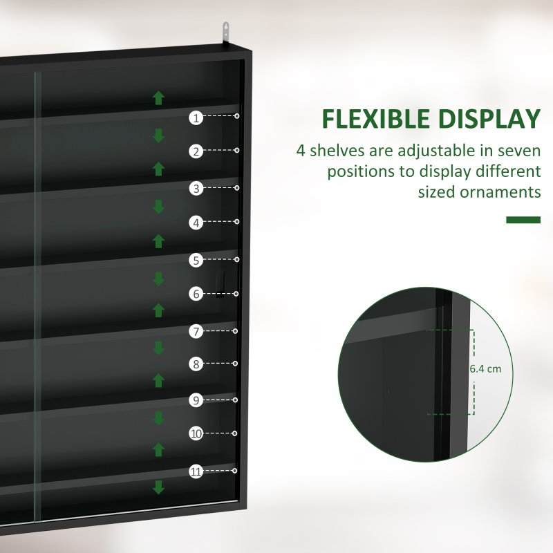 HOMCOM 7-Tier Wall Mounted Display Cabinet, Display Case with 6 Adjustable Shelves, Glass Doors for Home Office Ornaments 83x80cm, Black