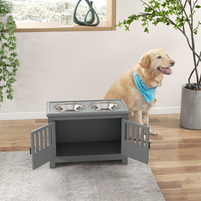 PawHut Raised Dog Bowls for Large Dogs, Pet Feeding Station, Doors with Latch, Storage Cabinet, Two Stainless Steel Bowls - Grey
