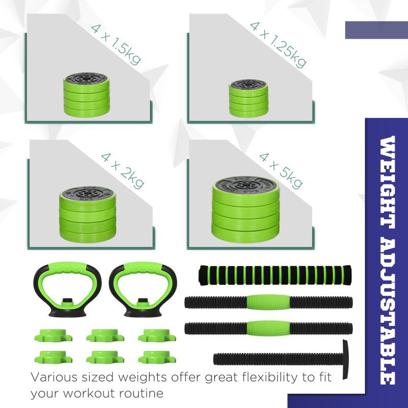 SPORTNOW 4-in-1 Adjustable Weight Dumbbells Set, Used as Barbell, Kettlebell, Push up Stand, Free Weights Set for Men and Women Home Gym Training, 40KG, Green