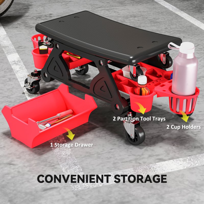 HOMCOM Rolling Mechanic Stool, 135kg Capacity Workshop Stool with 360 Swivel Wheels, Roller Creeper Seat with Slide Out Tool Trays, Drawer, Bottle Holders for Garage, Shop, Auto Repair, Red