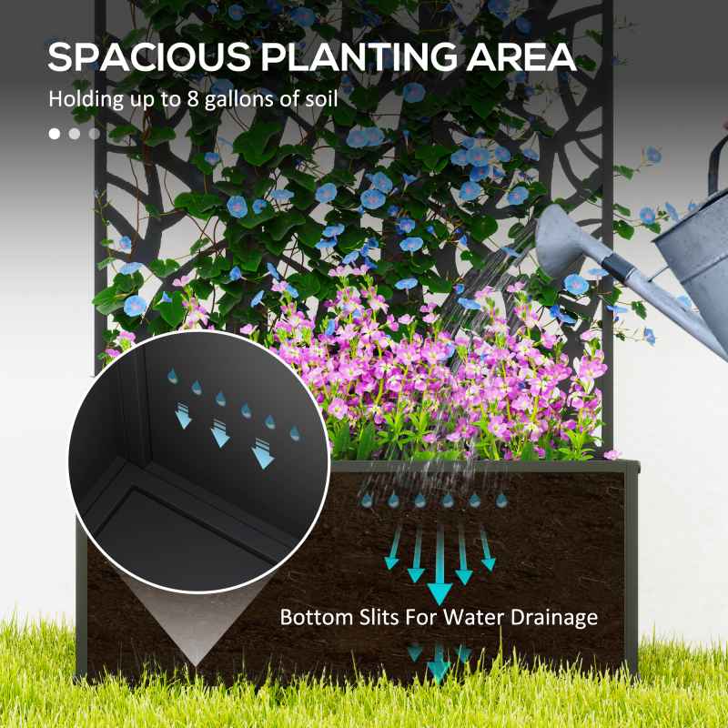 Outsunny Metal Garden Bed with Trellis, Wall Mounted or Freestanding Raised Planter with Privacy Panel, Two Big Trees Cut-out Privacy Screen with Planter Box for Climbing Plants, Flowers, Vegetables