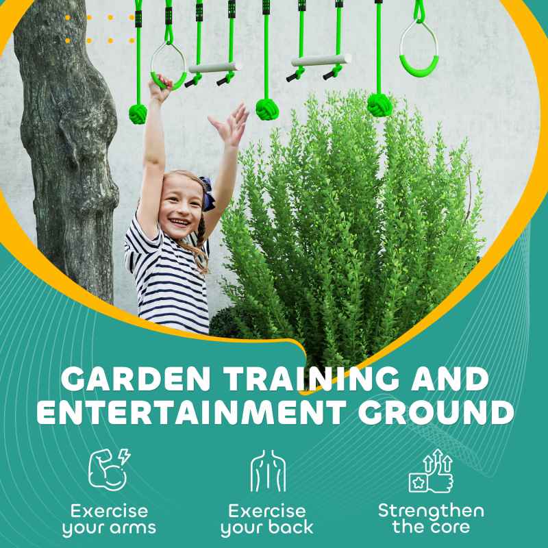 AIYAPLAY Zip Line for Kids Outdoor Adventures,7 Piece 10m Kids Slackline Kit with Wooden Monkey Bars, Metal Rings, Gripping Balls, Toddler Zip Line for Garden, Green