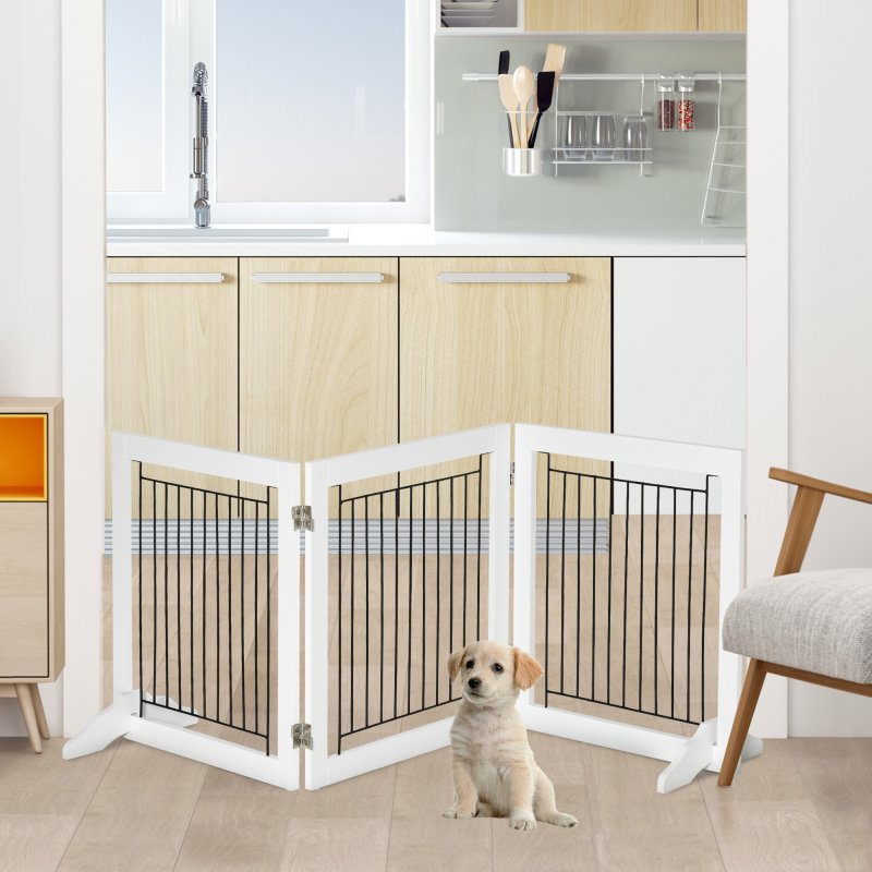 PawHut Freestanding Dog Cate, Foldable Wooden Pet Gate with  - 61cm Tall, for Stairways, Doorways, Hallways, Small Dogs - White