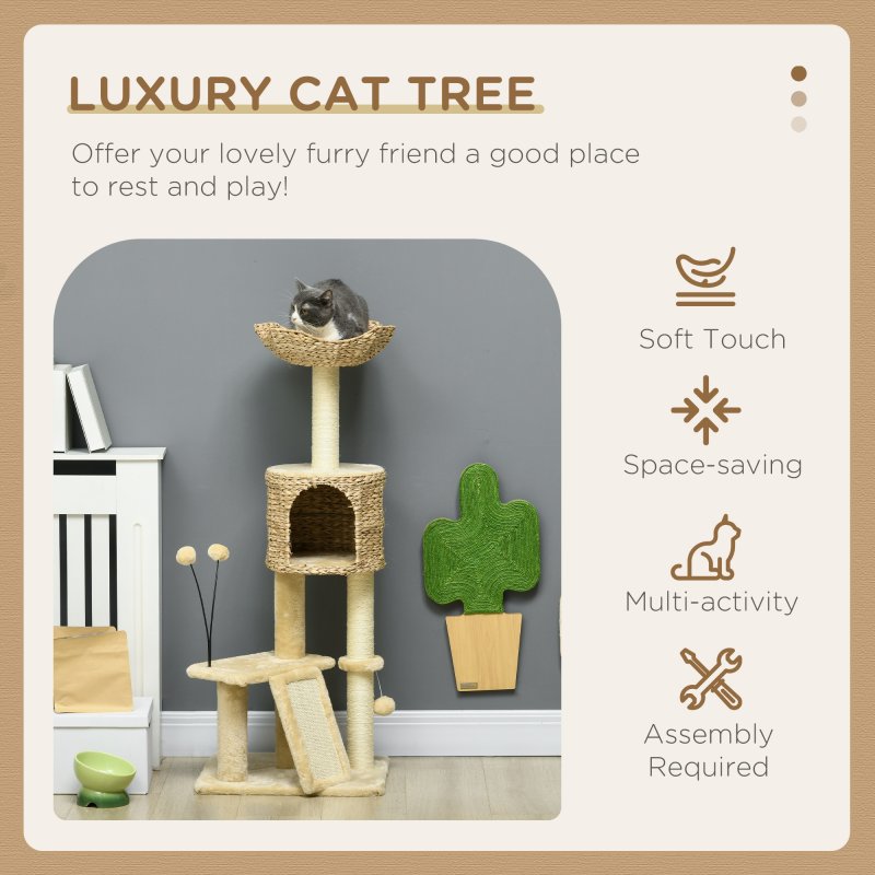PawHut 116cm Cat Tree for Indoor Cats, Cat Tower with Scratching Posts, Ramp, Cat House, Toy Balls, Platforms, Bed, Ramp - Beige