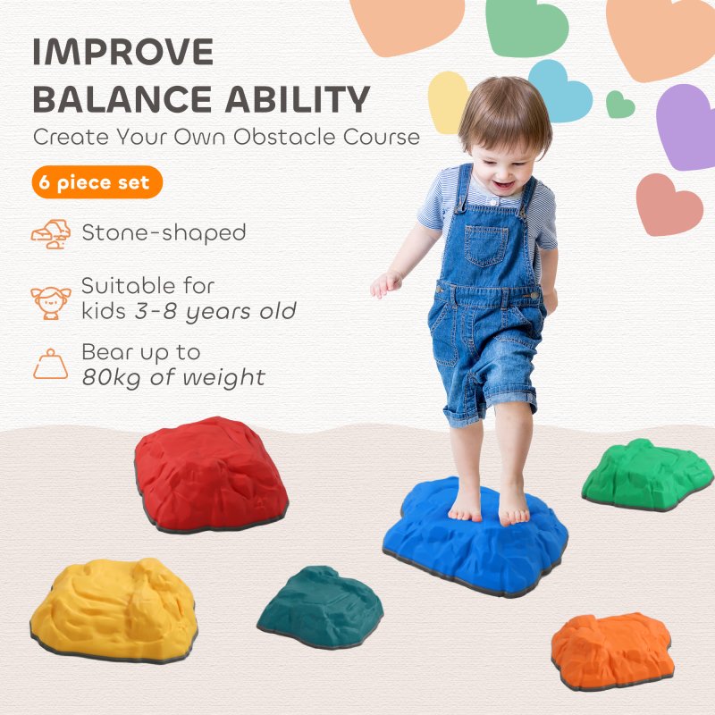 AIYAPLAY Balance Stepping Stones for Kids, 6-Piece River Stones with Non-slip Bottom, Indoor Outdoor Sensory Obstacle Course for Ages 3-8 Years, Multicoloured