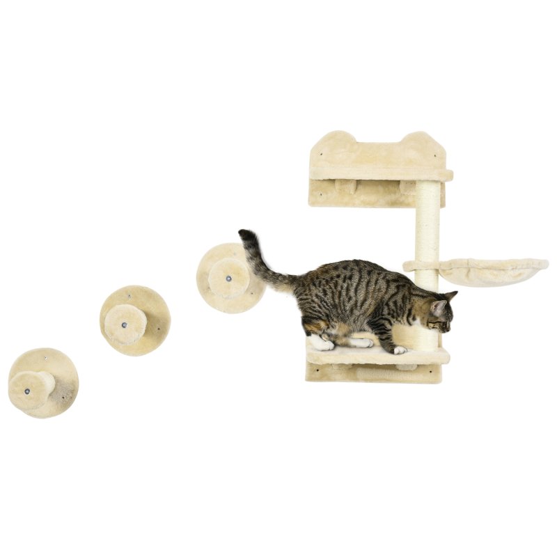 PawHut 4 Piece Cat Shelves Cat Wall Furniture Wall-Mounted Cat Tree for Indoor Cat w/ Hammock, Steps, Platforms, Scratching Post - Beige