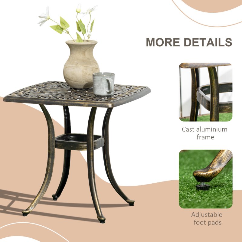 Outsunny Outdoor Garden Table with 38mm Dia. Umbrella Hole, Cast Aluminium Patio End Table with Anti-slip Foot Pads for Garden, Patio, Balcony, 54 x 54cm, Bronze Tone