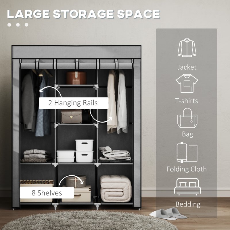 HOMCOM Fabric Wardrobe, Portable Wardrobe, Clothes Storage Unit with 8 Shelves, 2 Hanging Rods, 125 x 43 x 162.5 cm, Light Grey
