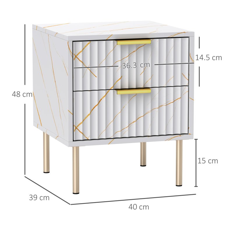 HOMCOM Marble Pattern Bedside Table, Fluted Bedside Cabinet with 2 Drawers, Side End Table with Steel Legs for Bedroom, White