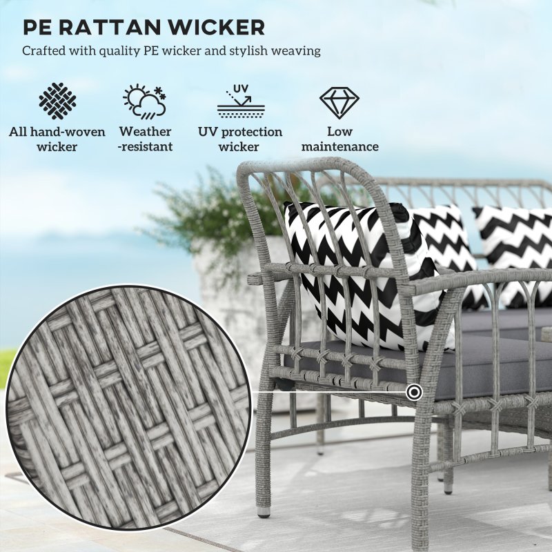Outsunny 4 Piece Rattan Garden Furniture Set, Garden Sofa Set with 5-Level Adjustable Armchairs, Loveseat, Coffee Table and Cushions, Wicker Outdoor Conservatory Furniture for Patio Balcony, Grey