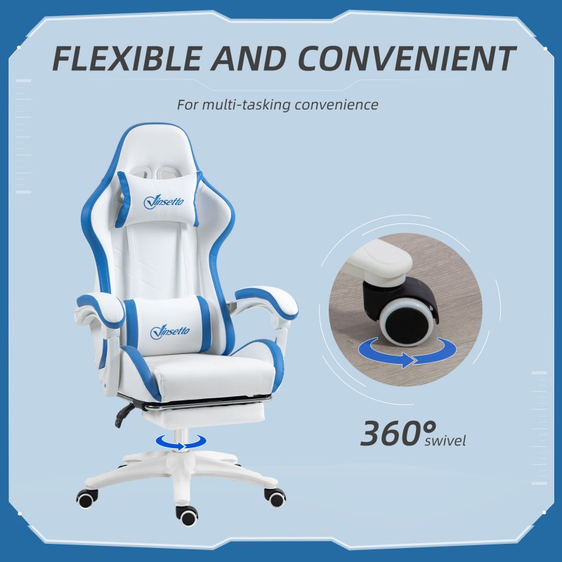 Vinsetto Computer Gaming Chair, PU Leather Office Desk Chair with Footrest, Swivel Wheels, 135?? Reclining Back, Lumbar Support, Headrest for Home, White and Blue