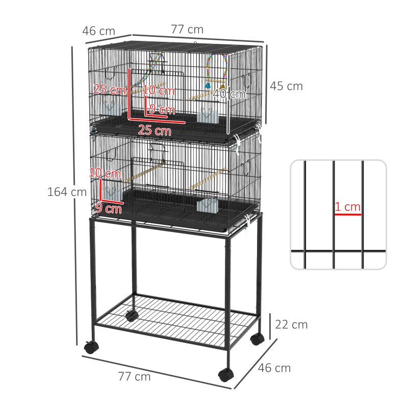 PawHut 2 Tier Bird Cage, Budgie Cage with Stand, Swing, Rope, Ladder, Wheels, Shelf, Tray, Perches, Food Containers, for Canaries, Lovebirds, Finches