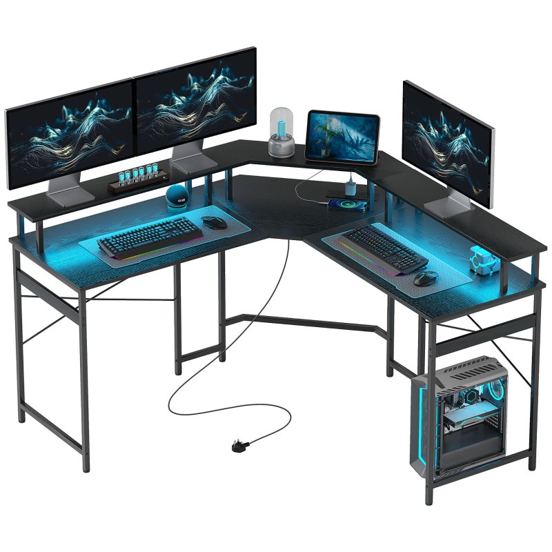 HOMCOM L Shaped Desk with Power Outlets and LED Lights, Corner Computer Desk with Monitor Stand, Gaming Desk for Home Office, Black