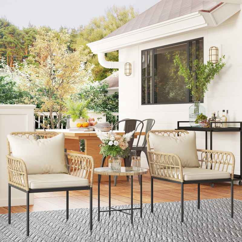 Outsunny 3 Piece Rattan Bistro Set, Wicker Garden Furniture Set with Cushions, Glass Top Coffee Table and Chairs for Outdoor, Patio, Balcony, Beige
