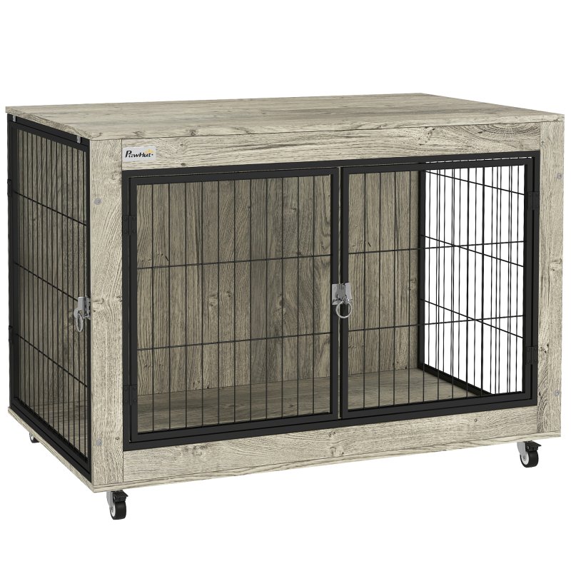 PawHut Dog Crate Furniture on Wheels, Dog Cage End Side Table with Lockable Double Doors, for Large Breeds, 100 x 60 x 73.5cm, Grey