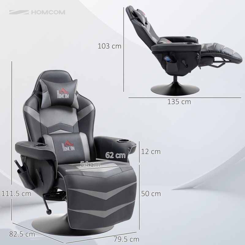 HOMCOM Massage Recliner Chair with Remote, PU Leather Recliner Armchair with Cup Holders and Side Pockets, Racing Style Reclining Chair with Headrest, 360° Swivel, Lumbar Support, Grey