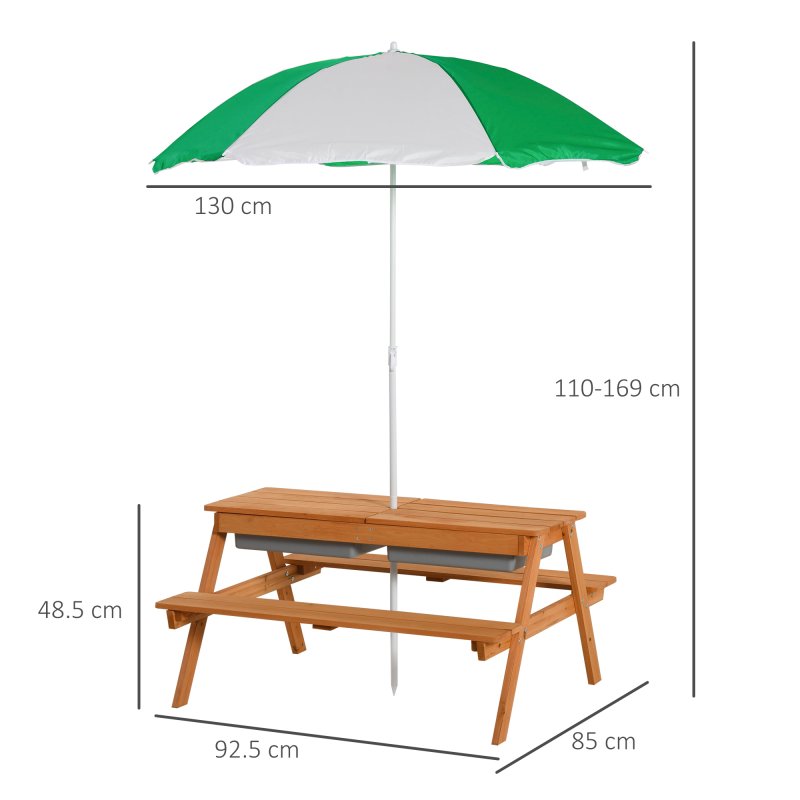 Outsunny Kids Picnic Table, Wooden Sand and Water Table with Benches, Adjustable Parasol, Storage Bins, Outdoor Garden Furniture for Kids 3-6 Years, Brown