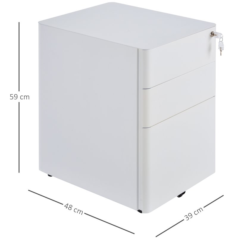 Vinsetto 3-Drawer Mobile Filing Cabinet, Steel Lockable File Cabinet for A4, Legal, Letter, Compact Under Desk Storage Unit with Pre-Assembled Body Except Wheels for Home Office, 39 x 48 x 59cm, White