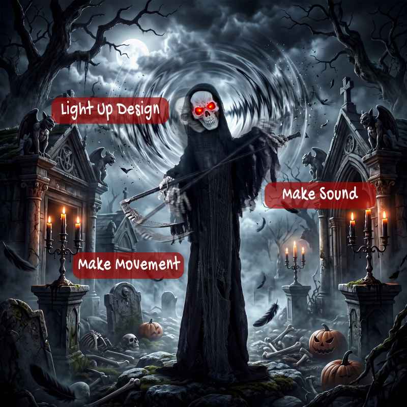 HOMCOM 183cm Life Size Animated Grim Reaper Halloween Decorations Outdoor Indoor, Scary Halloween Animatronics Decor with Sound Touch Activated, Animated Prop with Light Up Eyes for House Garden