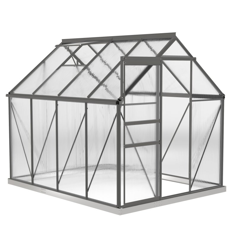 Outsunny 6 x 8ft Polycarbonate Greenhouse, Large Walk-In Greenhouse with Adjustable Roof Vent, Garden Green House with Galvanised Base, Sliding Door and Rain Gutter, Dark Grey