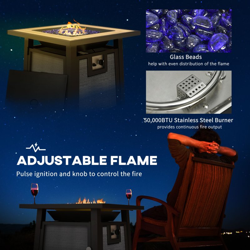 Outsunny Propane Gas Fire Pit Table, 50000 BTU Smokeless Firepit Outdoor Patio Heater with Waterproof Cover, Glass Beads and Lid, 71 x 71 x 66.5cm, Dark Grey