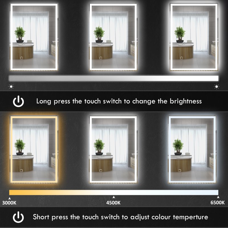 HOMCOM Bathroom Mirror with LED Lights, Illuminated Makeup Mirror with 3 Colours, Defogging Film and Memory Function, Hardwired, Horizontal or Vertical