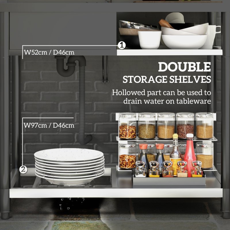 HOMCOM Outdoor Utility Sink, Stainless Steel Free Standing Single Bowl Kitchen Sink with Cold and Hot Water Pipe and Storage Shelf for Laundry Garage, 100 x 51.5 x 100 cm