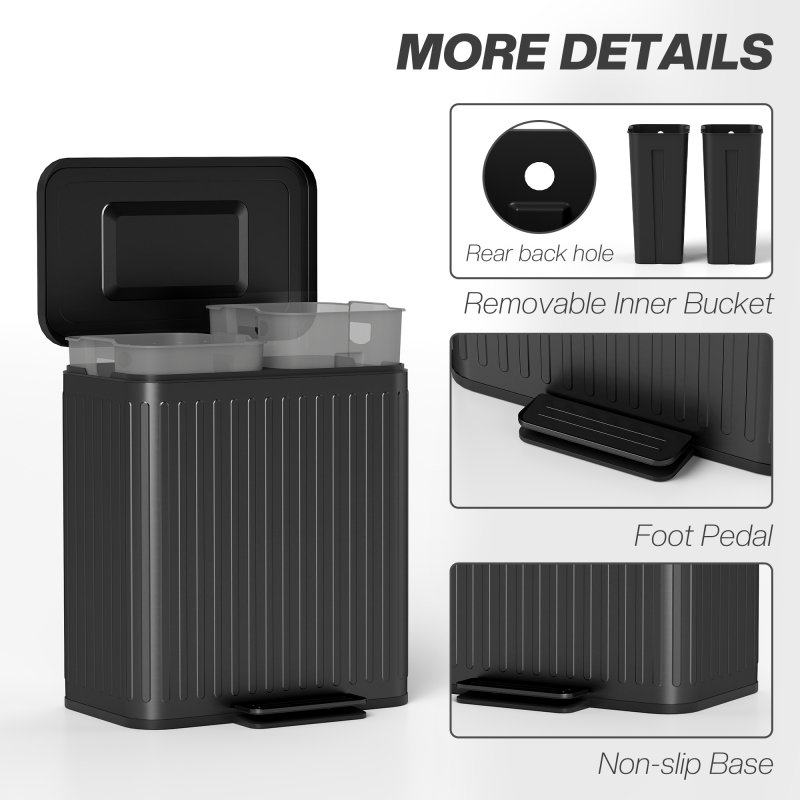 HOMCOM Dual Kitchen Bin, 2 x 20L Double Bin for Recycling and Waste, Fingerprint-proof Pedal Bin with Soft-Close Lid, Removable Inner Buckets