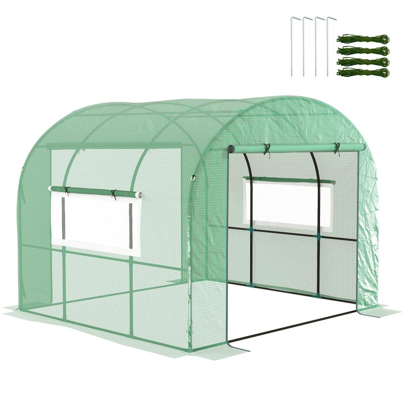 Outsunny 3 x 3 x 2m Polytunnel Greenhouse with Doors and Mesh Windows, Walk-in Grow House Tent with UV-resistant PE Cover and Steel Frame, Green