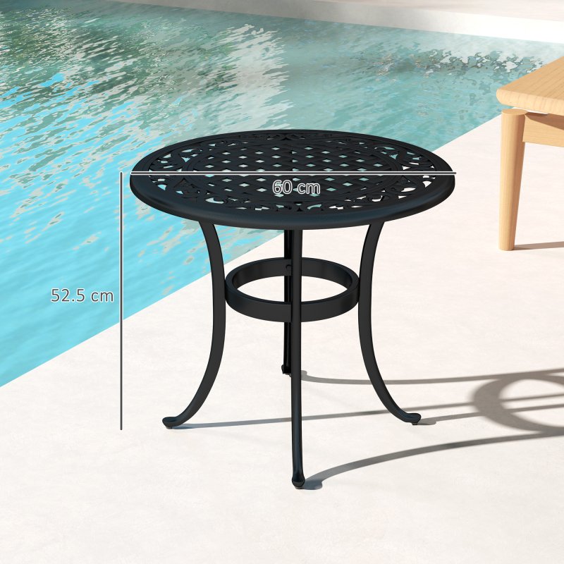 Outsunny 60cm Round Garden Table, Outdoor Hollow Top Design Side Table with Cast Aluminium Frame for Patio, Garden, Balcony, Black