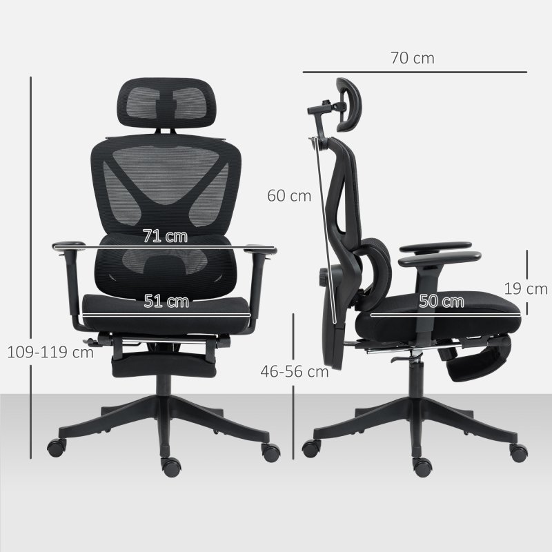 HOMCOM Ergonomic Office Chair, Mesh Desk Chair with 3D Armrests, Rotatable Headrest, Adjustable Lumbar Support, Coat Hanger, Recliner Computer Swivel Chair with Footrest for Home Office, Black