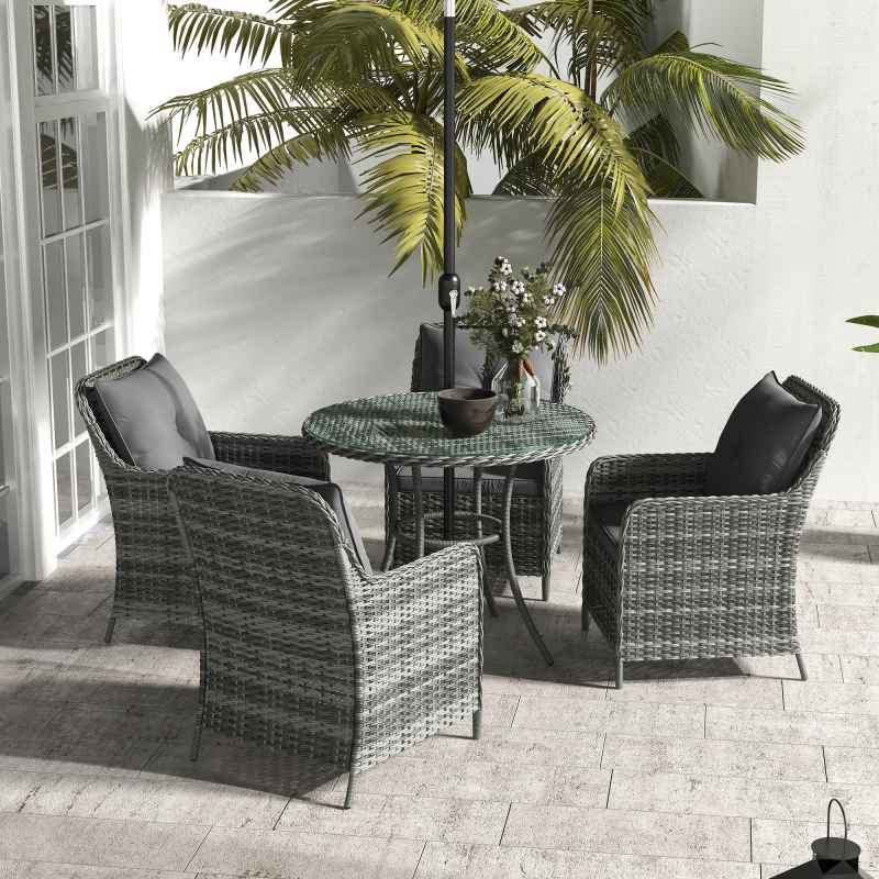 Outsunny 4 Seater Rattan Dining Set with Parasol, Luxury Rattan Garden Furniture Set with Seat and Back Cushions, Outdoor Table and Chairs, Round Glass Top Table