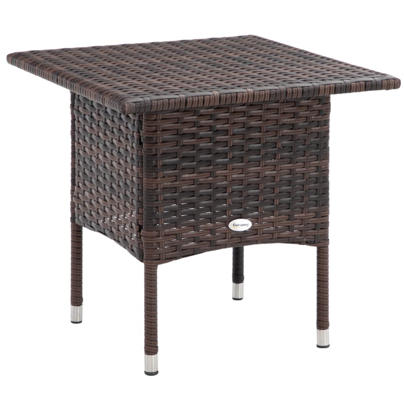 Outsunny Rattan Side Table, Outdoor Coffee Table with Plastic Board Under the Full Woven Table Top for Patio, Garden, Balcony, Mixed Brown