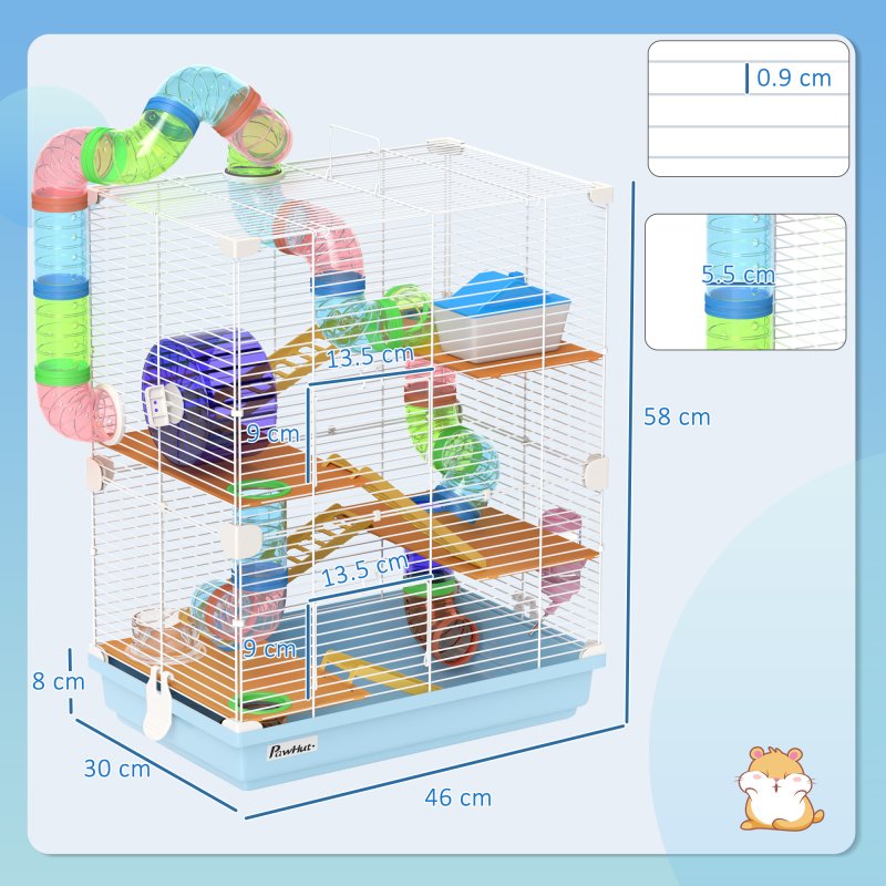 Pawhut 5 Tier Hamster Cage, Gerbil Cage with Tube Exercise Wheels, Tunnel, Water Bottle, Dishes, 58H x 46L x 30Wcm, Light Blue