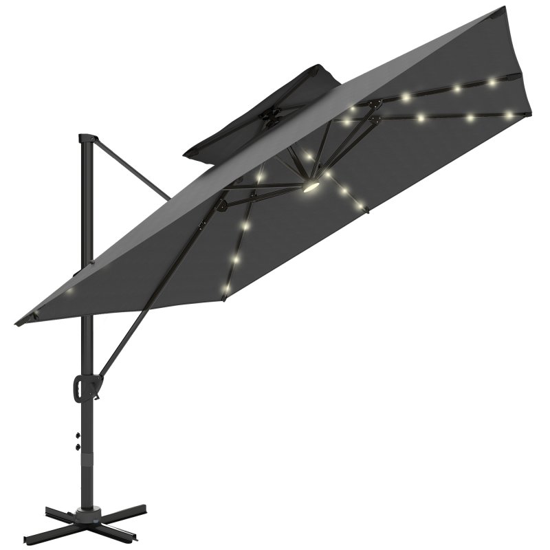 Outsunny 3.5x3 m Garden Cantilever Parasol with Solar LED Lights and Centre Light, UPF50+ Aluminium Patio Umbrella with 360 Rotation and Tilt, Hanging Sun Shade with Cross Base, Crank Handle, Black