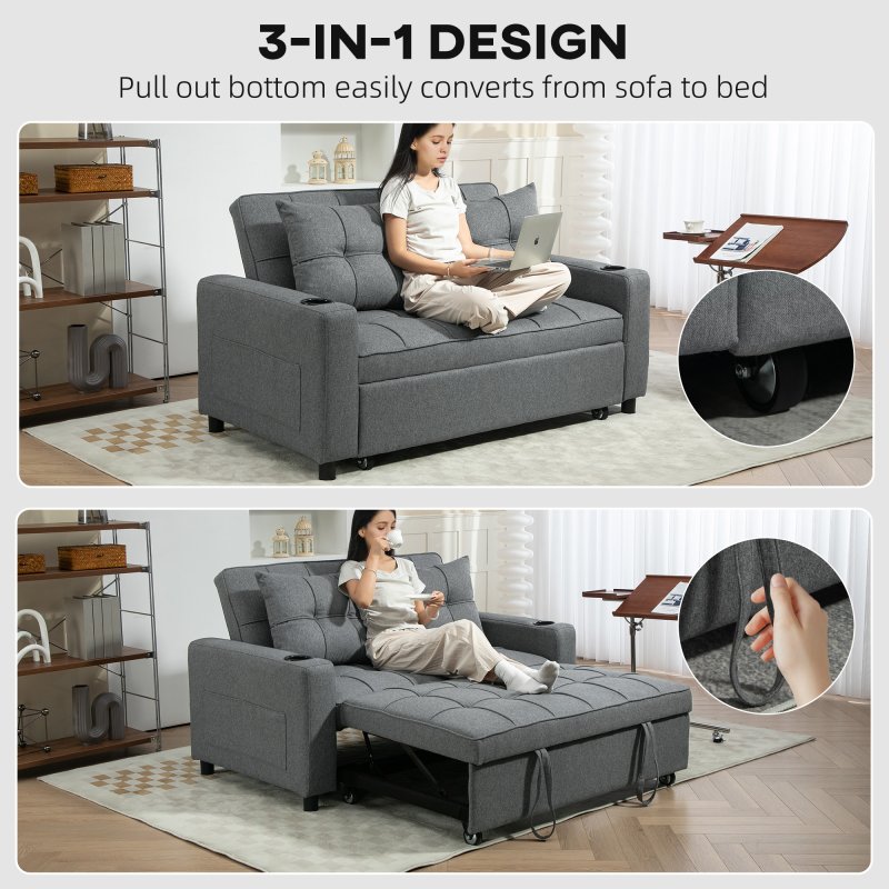 HOMCOM 2 Seater Sofa Bed, Convertible Pull Out Sofa Bed with Adjustable Backrest, Cup Holders and Pillows, Click Clack Settee for Living Room, Bedroom, Guest Room, Charcoal Grey