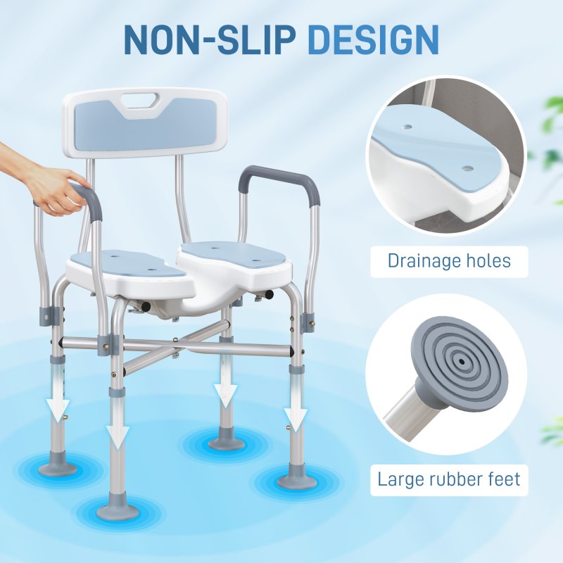 HOMCOM Shower Chair with Upgraded U-shaped Seat and Reinforced Crossbars, Height Adjustable Padded Bath Chair with Non-slip Feet for Elderly Seniors Disabled Handicap, Tool-Free Assembly