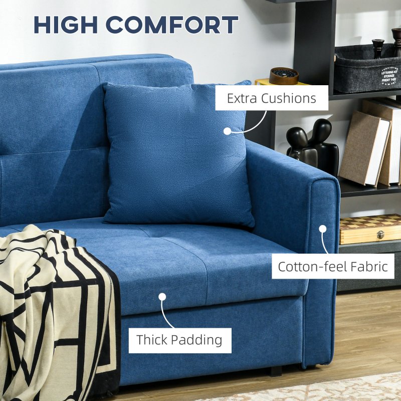 HOMCOM 2 Seater Sofa Bed, Convertible Bed Settee, Modern Cotton Loveseat Sofa Couch with 2 Cushions, Hidden Storage for Living Room, Guest Room, Deep Blue