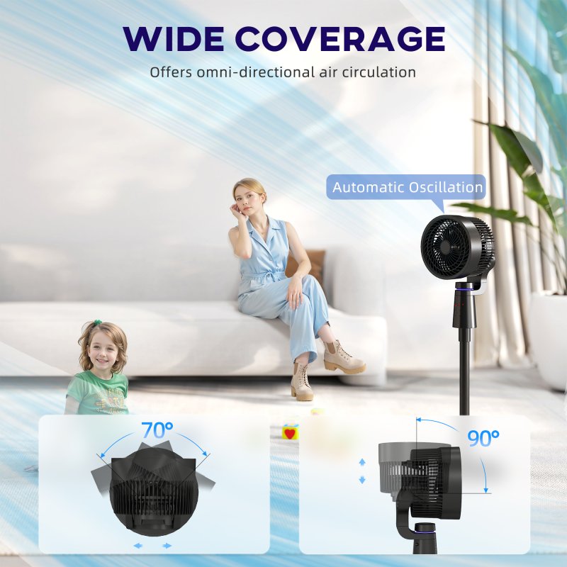 HOMCOM 7" Pedestal Fan, 70°+90° Oscillating Air Circulator with Remote Control, 7H Timer, 3 Speeds, Standing Fan for Home Office, Bedroom, Black