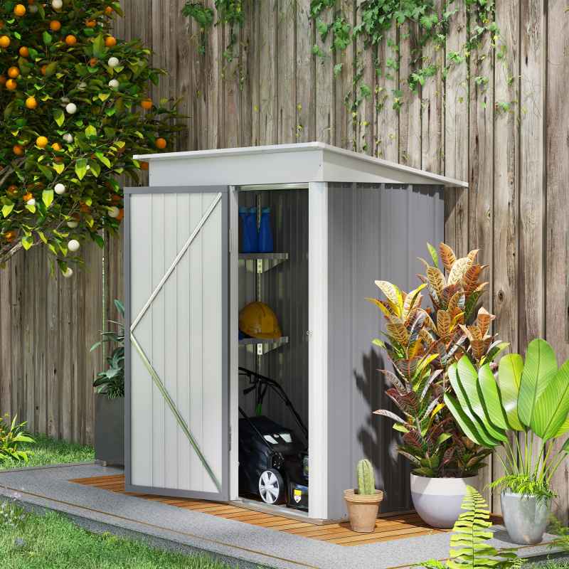 Outsunny 5x3ft Garden Shed, Steel Small Shed, Outdoor Lean-to Shed with Adjustable Shelf, Lock and Gloves for Patio, Garden, Grey with Foundation Kit