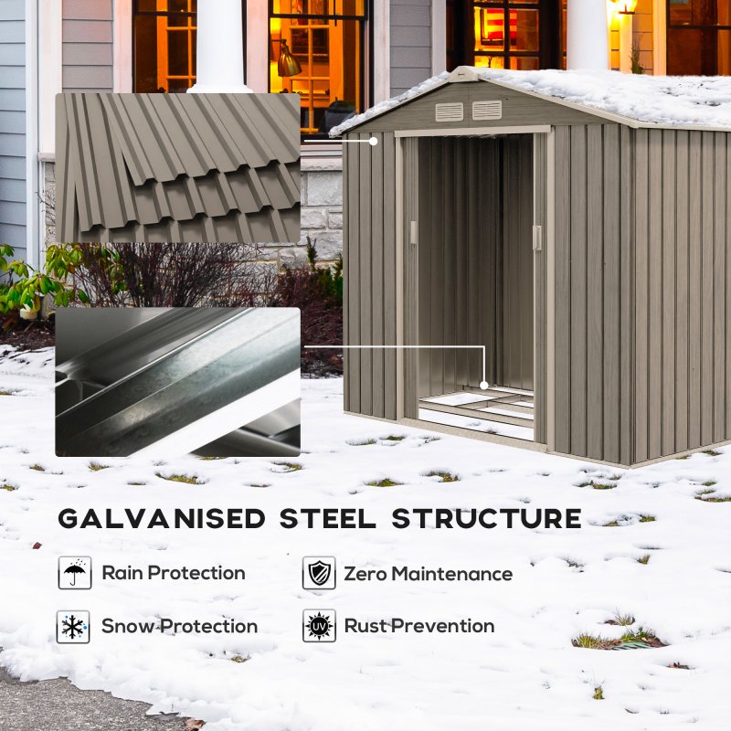 Outsunny 7 x 4ft Metal Garden Shed, Outdoor Storage Tool House with Ventilation Slots, Foundation Kit and Lockable Double Doors, Light Brown