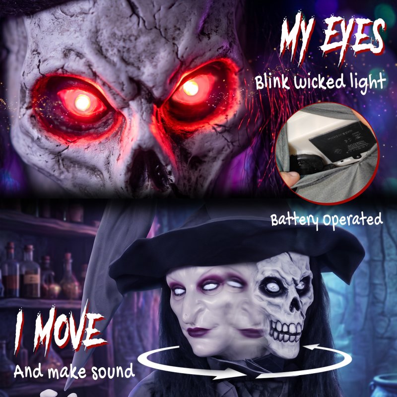 HOMCOM 180cm Life Size Animated Witch Halloween Decorations Outdoor Indoor, Scary Halloween Animatronics Decor with Sound Touch Activated, Animated Prop with Light Up Eyes for House Garden