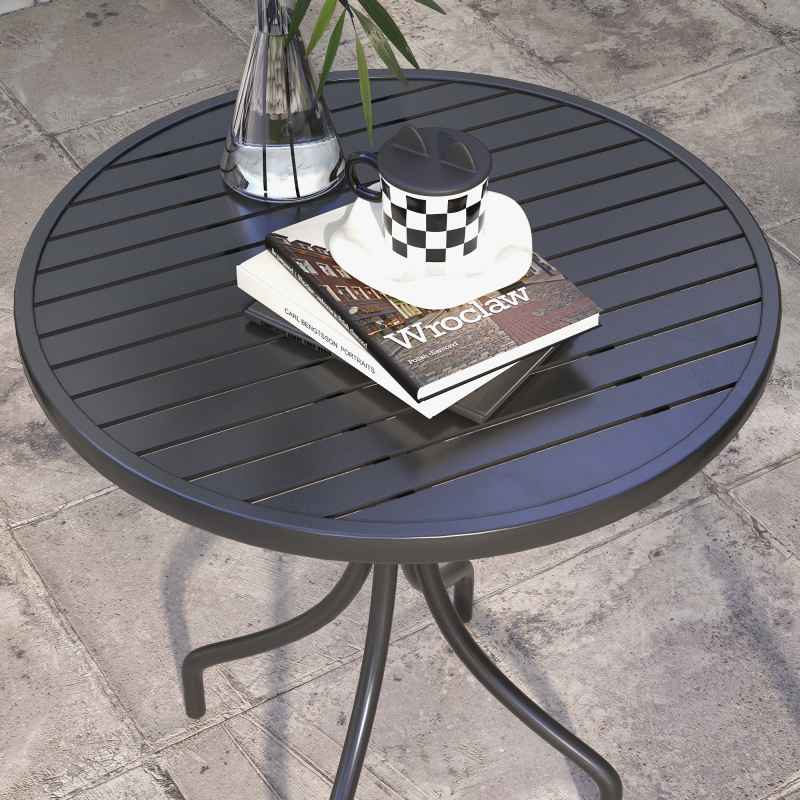 Outsunny  66cm Garden Side Table, Round Bistro Coffee Table, Outdoor Patio Table with Steel Frame and Slat Tabletop for Balcony and Porch, Black