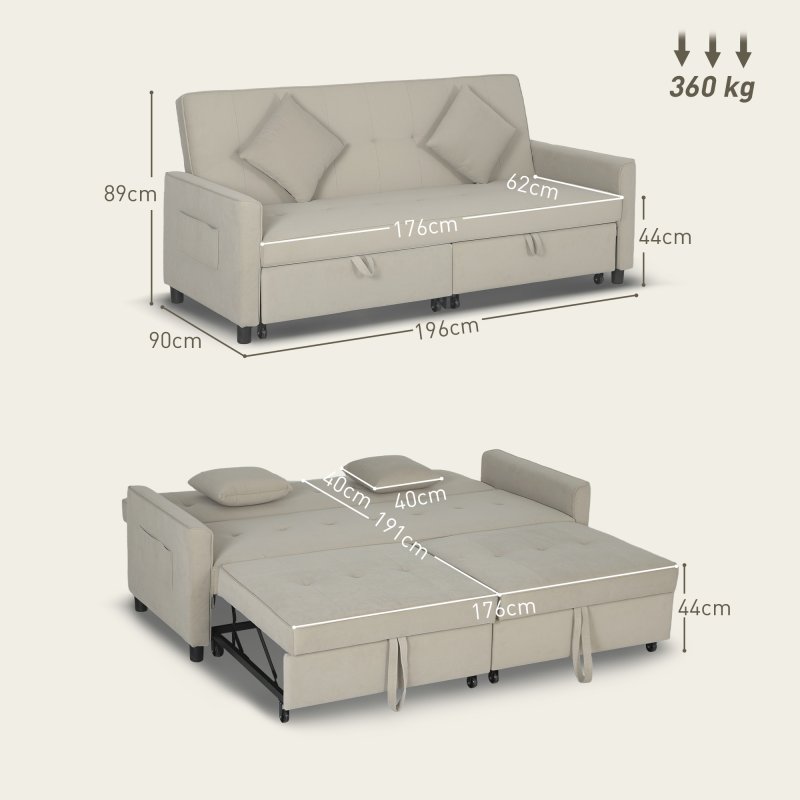HOMCOM Sectional Sofa Bed, L-Shaped 3 Seater Sofa Bed, Reversible Sleeper Sofa with Pull Out Couch Bed, Cushions, Fabric Futon Sofa Bed for Living Room, Beige