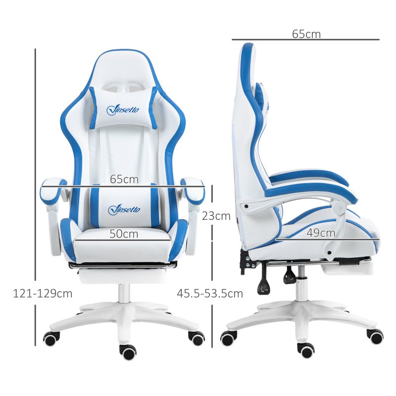 Vinsetto Computer Gaming Chair, PU Leather Office Desk Chair with Footrest, Swivel Wheels, 135?? Reclining Back, Lumbar Support, Headrest for Home, White and Blue